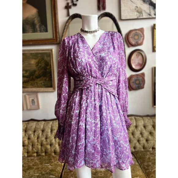 AMUR Twist-Front Dress Purple/Blue Printed Silk Chiffon Floral Dress Size 4 - Picture 6 of 11